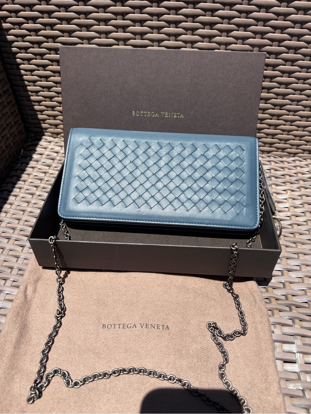 Bottega Veneta Blue Intrecciato Leather Wallet on Chain